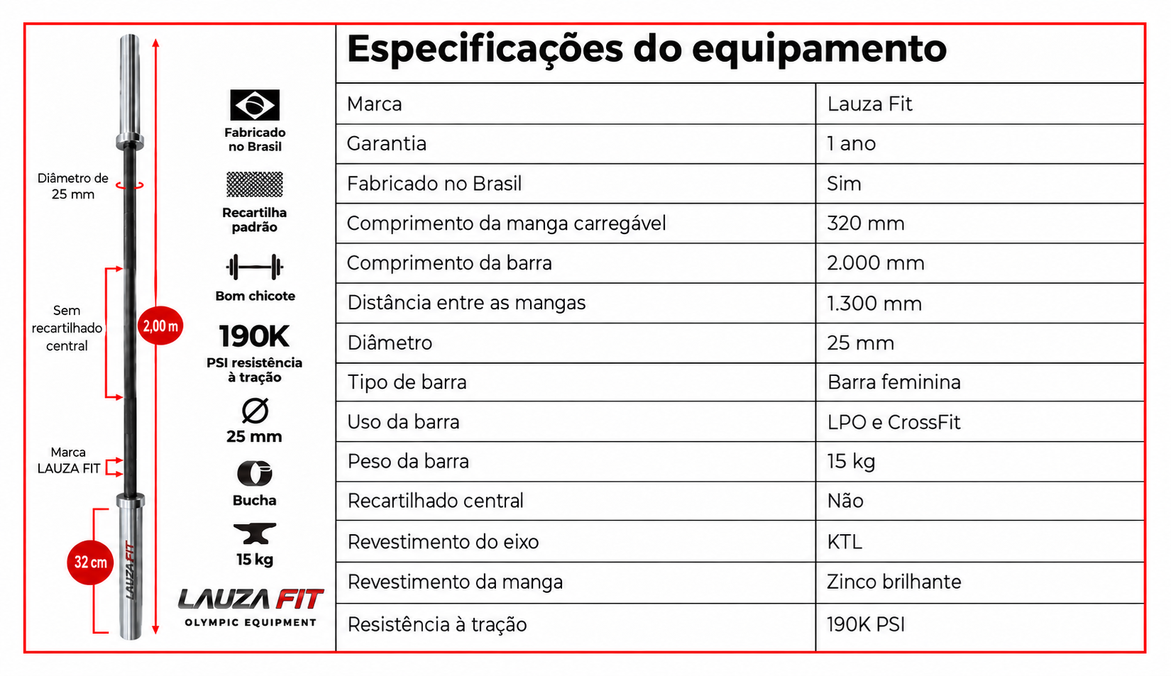 Ficha técnica da barra olímpica feminina Lauza Fit de 15 kg