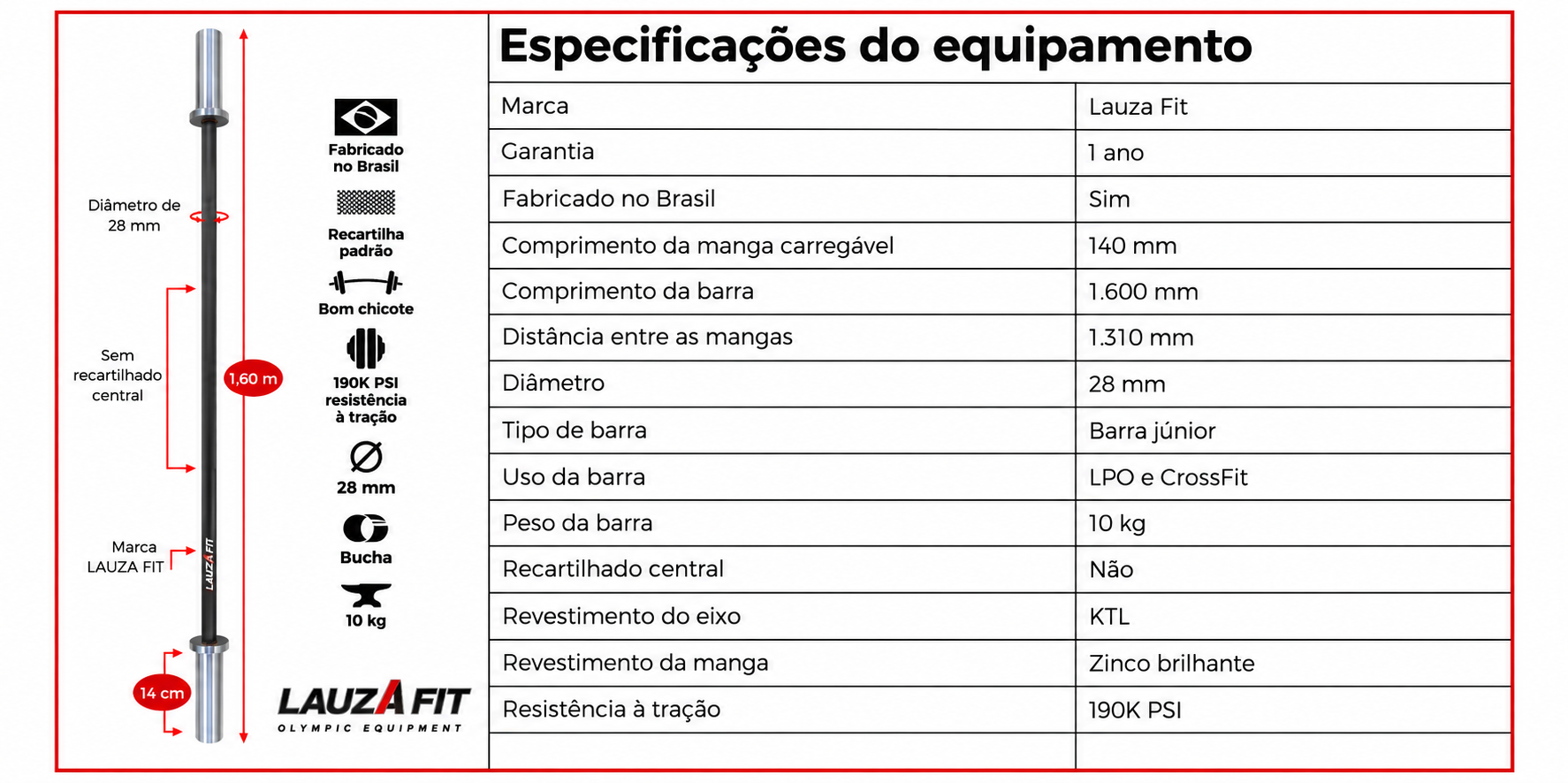 Ficha técnica da barra olímpica júnior Lauza Fit de 10 kg