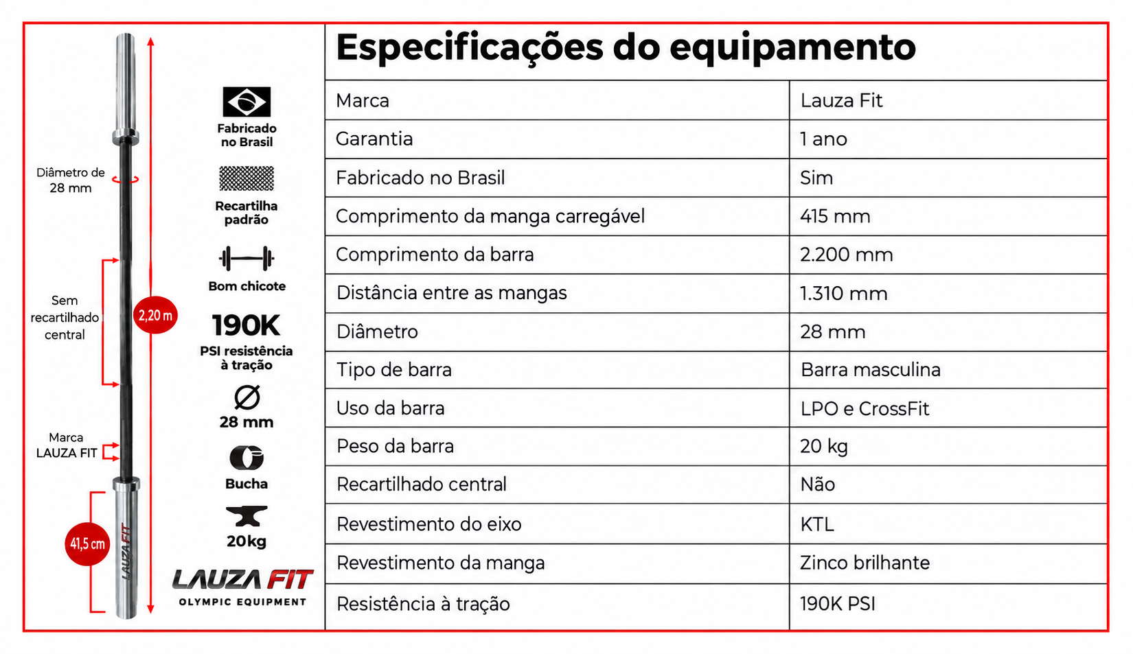 Ficha técnica da barra olímpica masculina Lauza Fit de 20 kg